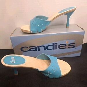 Candie's Vintage 1980's Style Sandals Low 2" Heel Slides Turquoise Size 7 W/Box
